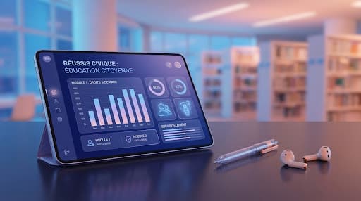 Espace de travail moderne avec une tablette affichant l'application Examen Civique